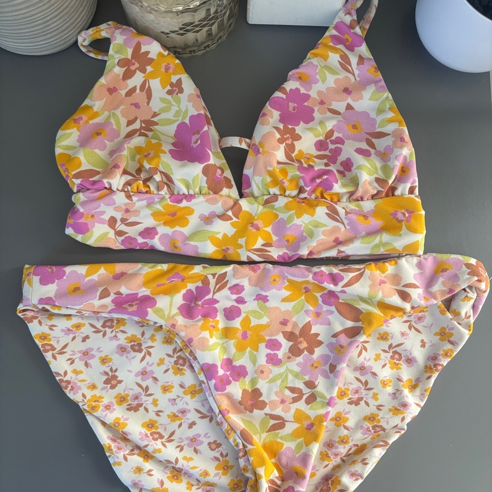 Billabong Floral Triangle Bralette Bikini Set - Pink & Yellow